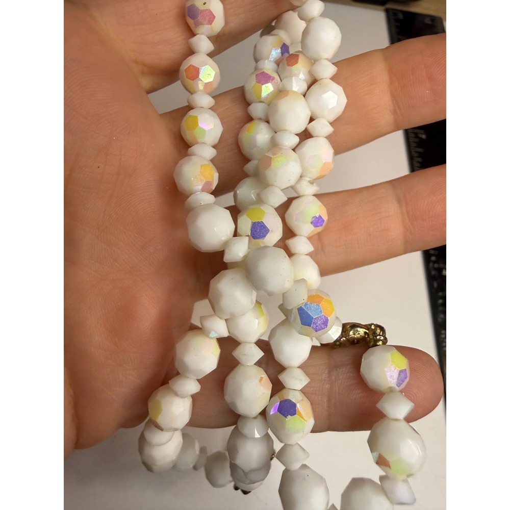 Vintage Milk Glass Aurora Borealis Double Strand Necklace White Faceted Beads